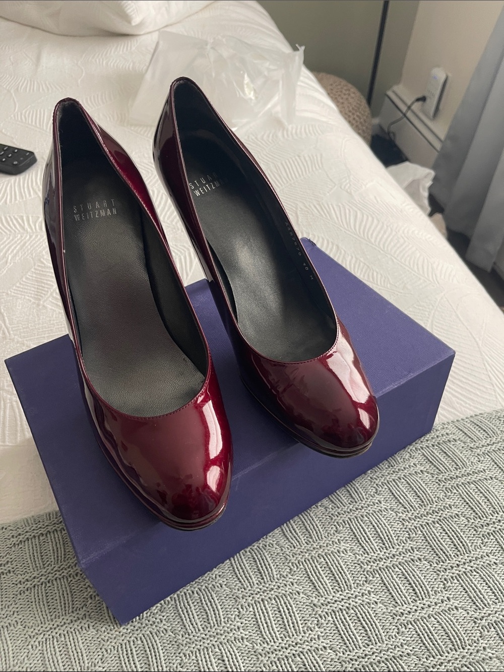 Stuart Weitzman Burgundy Patent Leather Round-Toe Pumps